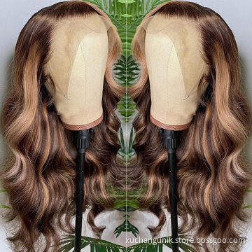Uniky Fashion Products Long Body Wave Medium Brown Color #27 #4 Color Human Hair Lace Front Wigs 13x4 With Highlight Color